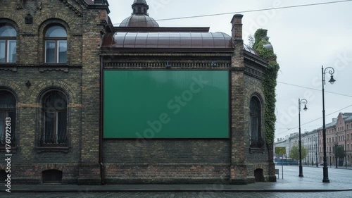 Green Screen Billboard on Old Brick Building with Passing Tram