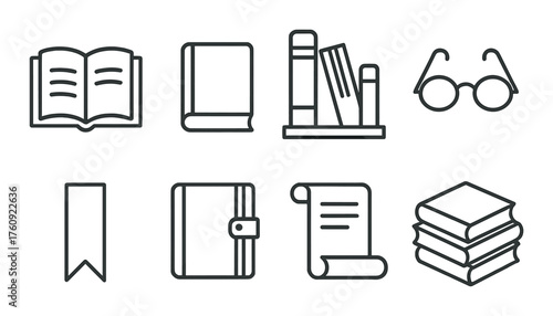 Icon set of books, glasses, bookmark, and scroll on textured background