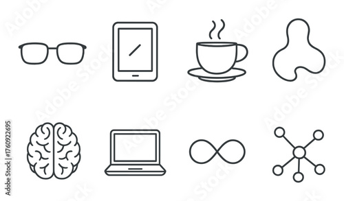 Monochrome technology icons including eyeglasses, tablet, coffee, brain, laptop, infinity, network