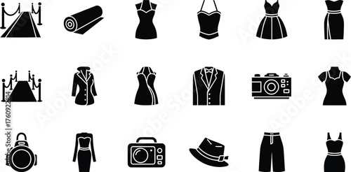 Fashion industry icons set, red carpet event and luxury apparel silhouettes, 18 black vector elements for celebrity gala and boutique branding
