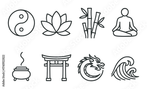 Set of eight zen meditation symbols featuring yin-yang, lotus, bamboo, and dragon