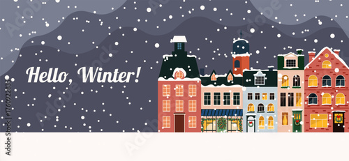Christmas winter houses landscape city with snowfall and greeting text