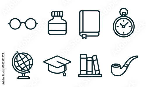 Vintage education icons: globe, books, glasses, hourglass, ink, pipe