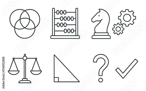 Abstract icons collection featuring mathematics, chess, and logic symbols on gradient background