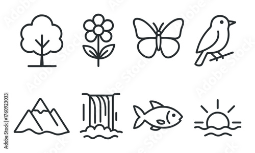 Nature icons: tree, flower, butterfly, bird, mountain, waterfall, fish, sun
