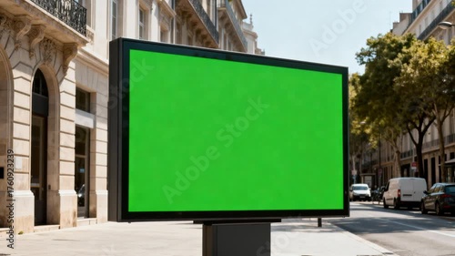 Green Screen Digital Billboard on a City Sidewalk with Street Background