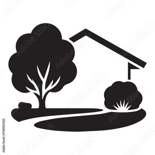 House with tree and bush isolated on white background for real estate, landscape design or gardening business