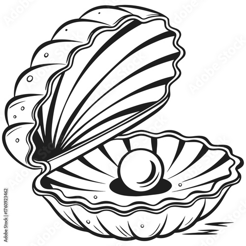 A black and white illustration of an open seashell with a pearl inside on a white background art