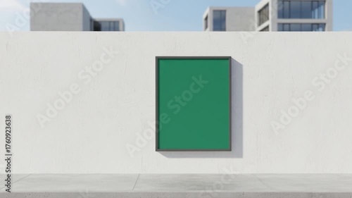 Green Screen Poster Mockup on White Wall, Urban Buildings Background