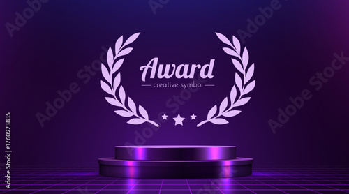 Neon Award Podium with Laurel Wreath Symbol. A vibrant virtual achievement stage.