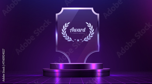 Shiny glass award plaque with laurel wreath on a glowing purple podium against a dark futuristic background.