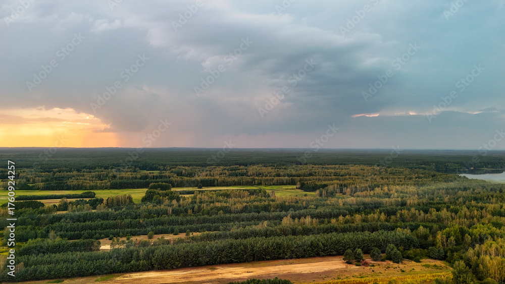 Obraz premium Aerial view of vast forest landscape under a cloudy sky. Golden hues of sunset illuminate lush greenery, highlighting nature's beauty and serenity in rural Poland.