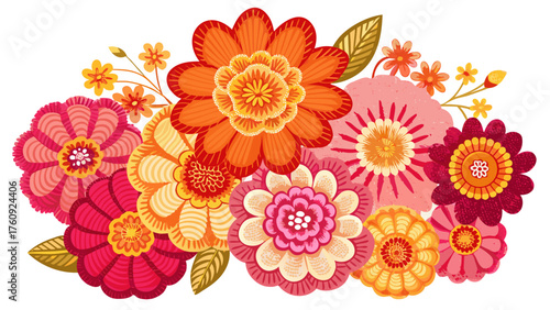 Very beautiful knitted flowers in vibrant orange and pink hues arranged on a clean white background, showcasing delicate craftsmanship, texture, and cheerful decorative charm.
