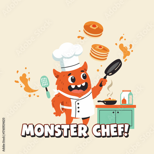 Cartoon Funny Monster Chef Character Cooking Pancakes in Kitchen Illustration