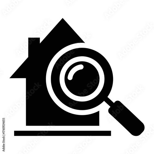 Black Silhouette House with Magnifying Glass Icon on White Background