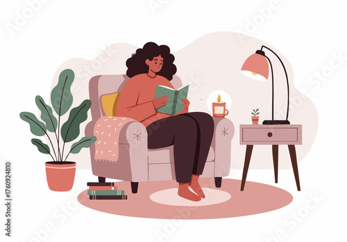 Flat Illustration Woman Reading Book on Armchair Relaxing at Home