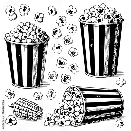Vector art of popcorn in striped buckets and loose kernels, with a corn cob on a white background