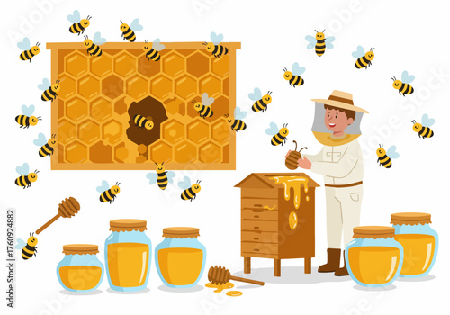 Colorful Detailed Illustration of Beekeeper with Honeycomb and Jars Collection