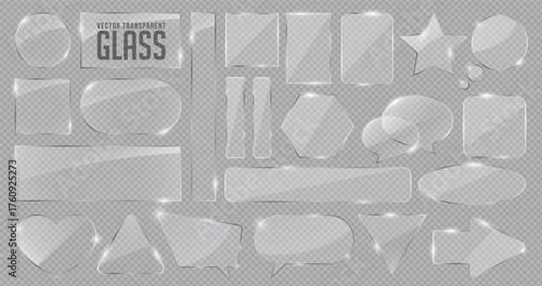 3d transparent glass set in gradient geometric pattern with rainbow light. Crystal heart, arrow, star and liquid speech bubble icon. Futuristic mirror frame or plastic for mobile phone game interface.