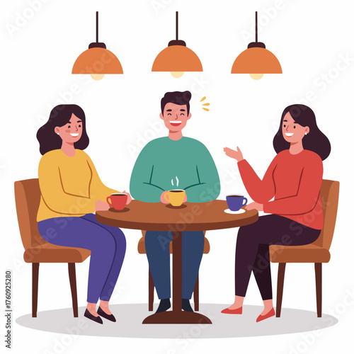 Flat Illustration of Friends Enjoying Conversation Over Coffee at Cafe