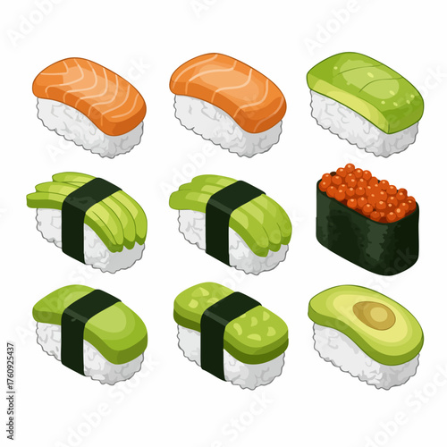Colorful Flat Sushi Nigiri Assortment Asian Food Variety Illustration