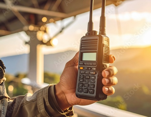 Hand Holding Black Two-Way Radio Device in Bright Sunlight with Green Forest Background