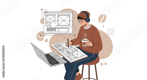 Illustrative depiction of a designer at work crafting website layouts with coffee and music