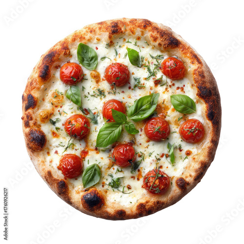 Round pizza topped with fresh cherry tomatoes, basil, and mozzarella cheese.  Crispy, golden-brown crust