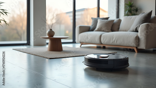 Robotic Vacuum in Modern Minimalist Living Room