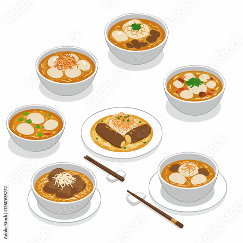 Isometric Detailed Delicious Soto and Martabak Illustration Traditional Indonesian Cuisine