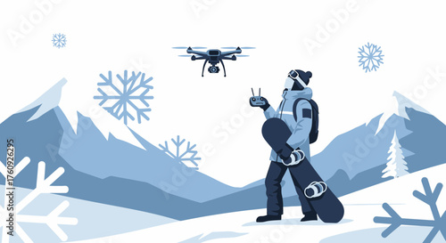 Illustrative scene of snowboarder with drone in snow mountains perfect for winter adventure