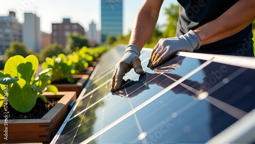 Hands Adjusting Solar Panel on Rooftop Garden