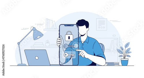 Man securing a mobile phone with a digital key for cybersecurity in the office