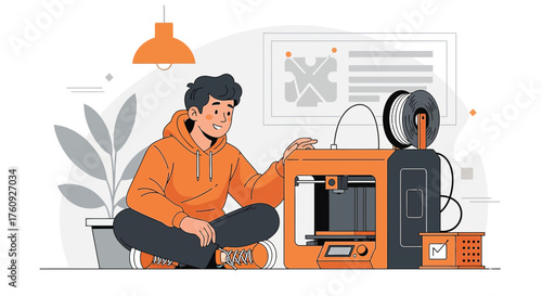 Man using 3D printer, showcasing creativity and technological innovation in modern workspace