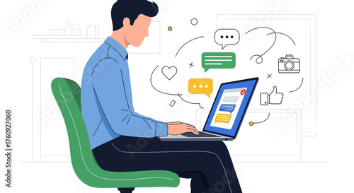 Man using laptop for online communication and social media engagement concept