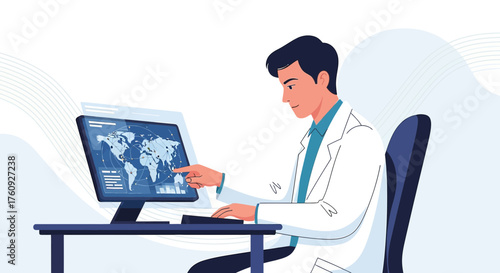 Medical professional analyzing global data on computer screen in a modern office setting