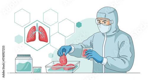 Medical professional examining lung specimens in a laboratory setting with protective gear to