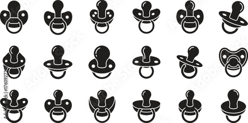 Collection of Baby Pacifier Icons Various Styles Black and White Simple Vector