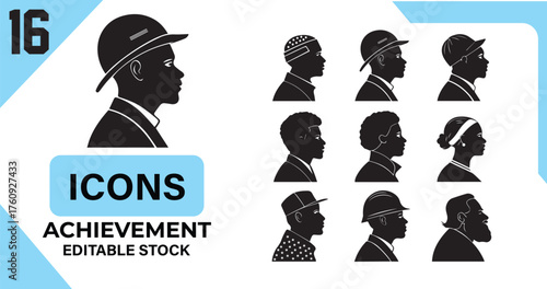 Achievement Icons: Diverse set of silhouette icons representing individuals, capturing the essence of human form and diverse backgrounds, a versatile resource for various design needs.