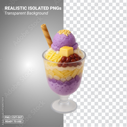 Filipino Halo Halo Parfait layered with Ube Ice Cream Leche Flan Jackfruit Nata de Coco and Red Beans Transparent PNG file ready to be used.