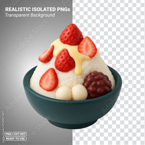 Strawberry Kakigori Shaved Ice with Condensed Milk Red Bean and Mochi Transparent PNG file ready to be used.