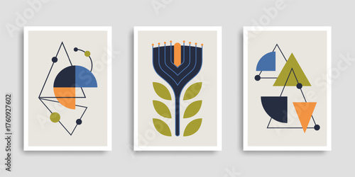 Modern geometric wall art set with abstract shapes and minimal floral element in retro colors. Mid century modern style posters for home decor, interior design, prints and creative projects.