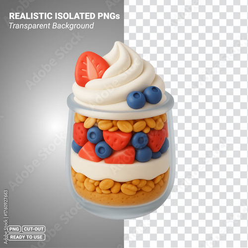 Berry Yogurt Parfait Jar layered with Granola Strawberry Blueberry and Cream Swirl Transparent PNG file ready to be used.