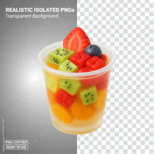 Rainbow Fruit Jelly Cup with Strawberry Blueberry Kiwi and Mandarin Segments Transparent PNG file ready to be used.