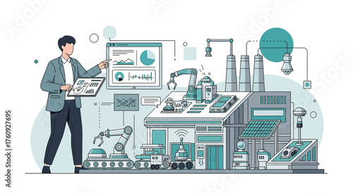 Modern Factory Automation System with Robotic Arms and Data Visualization for Industry 4.0