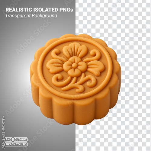 Traditional Mooncake with Floral Embossed Top Golden Mid Autumn Pastry Transparent PNG file ready to be used.