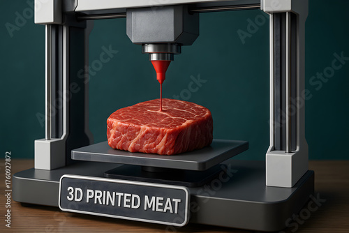3D printed meat on bioprinter, futuristic food technology innovation concept, artificial protein creation, sustainable lab grown beef, biotechnology production process, modern nutrition science backgr