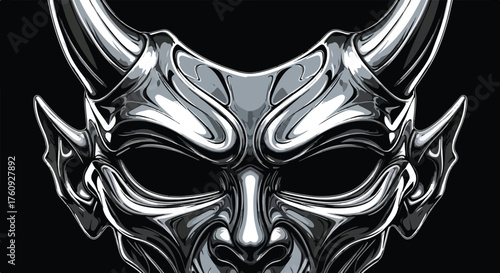 Monochrome vector art of a Japanese Oni or Hannya demon mask with a metallic chrome finish, an intimidating mythological creature head. 4