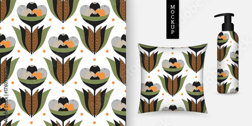 Seamless floral vector pattern in modern geometric style. Retro abstract floral design in earthy colors. Perfect for fabric, packaging, wallpaper, stationery, and surface print projects.