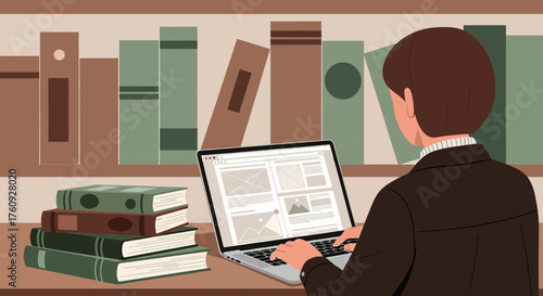 Person working on laptop surrounded by books creating content in a home office setting